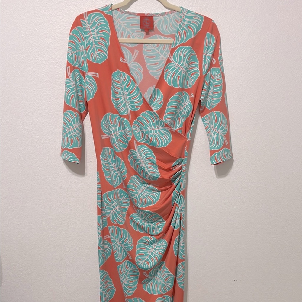 Tracy Negoshian NWOT Maxi Dress Coral and Teal Leaf Print Size Small  PTP 18”
